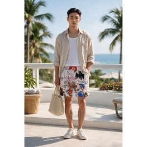 ZAFUL Mens Swim Trunks Board Shorts Graffiti Print Drawstring M resort vacation